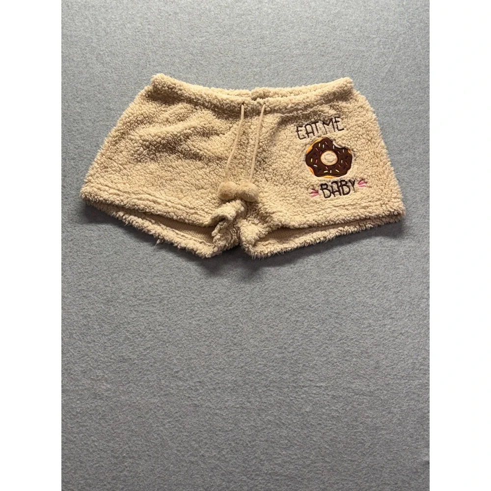 Un-bear-ably Cute Sherpa Lounge Shorts Beige Eat Me Baby Donut Pom Pom Medium